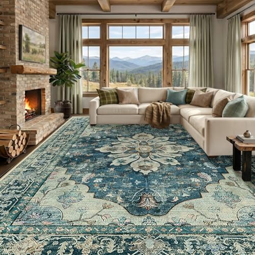 RELEANY Washable Area Rug, Large 10'x14', Blue/Vintage Dark Blue by RELEANY
