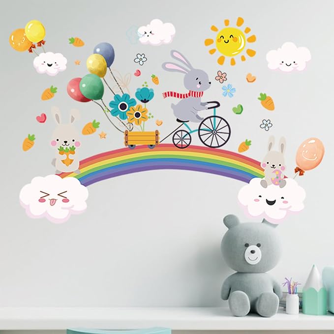 Arawat Rainbow Wall Decals for Girls Bedroom Easter Bunny Wall Murals for Living Room Décor Wall Decor Stickers & Murals 3D Rabbit Wall Art as Decorations by ARAWAT