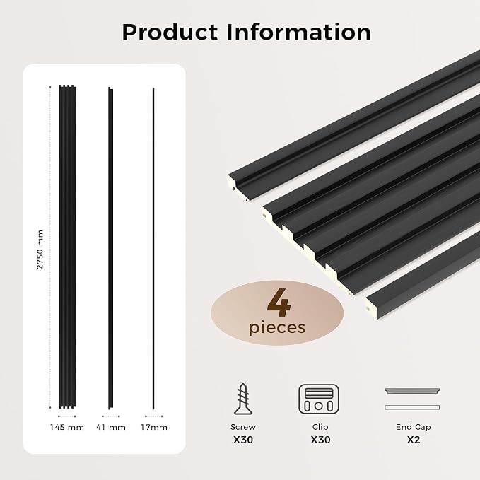 Slat Wall Panel 4-Pack, 108’’x5.7’’, Black | Real Wood Material, with 2Pcs End Trims, Wood Wall Panel for Interior Wall Decor, Bedroom, Living Room, TV Background - Image 3