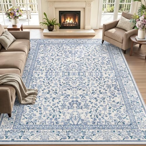 5x7 Area Rug Living Room: Soft Floral Washable Boho Carpet Blue by EXPEDIX