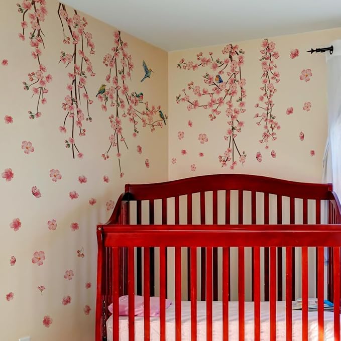 9 Sheets Cherry Blossom Decor Wall Decals Peel and Stick Pink Room Decor for Girls Bedroom Large Removable Wall Stickers & Murals Vinyl Car Decals for Women Living Room Office Vine Bird Art Clings - Image 4