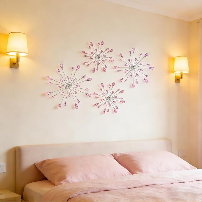 ZEXUIRU 4 Set Silver Starburst Wall Art for Home Decor Metal Bling Crystal Rhinestones Sunburst Wall Decor Sparkling Rhinestone Art Accent -Pink 13in/11.8in/9.8in/9.8in - Image 5