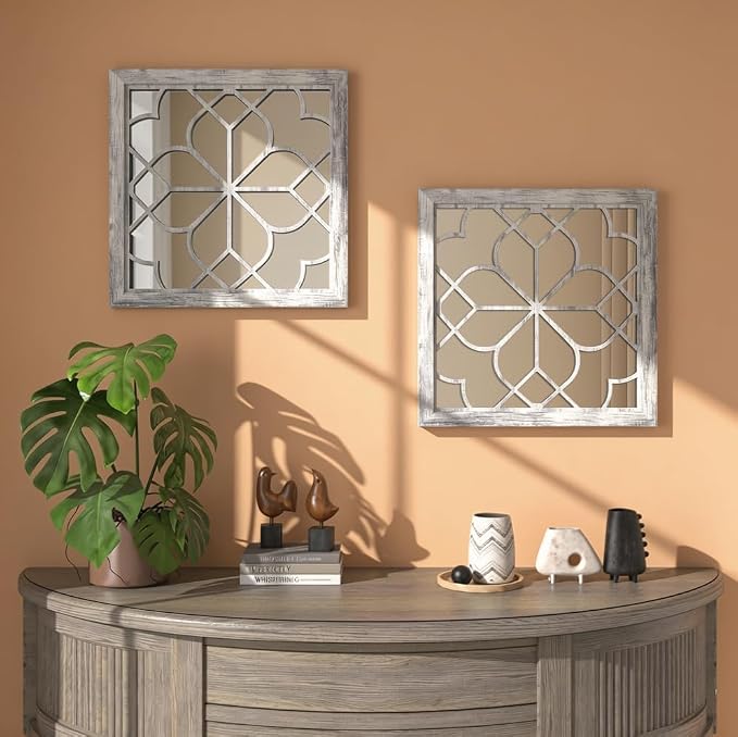 Set of 2 18 Inch Large Square Grey Window Pane Wall Mirrors, Shatterproof Rustic Farmhouse Boho Vintage Accent Mirrors for Living Room, Bedroom, Bathroom, Entryway & Home Decor by HMANGE