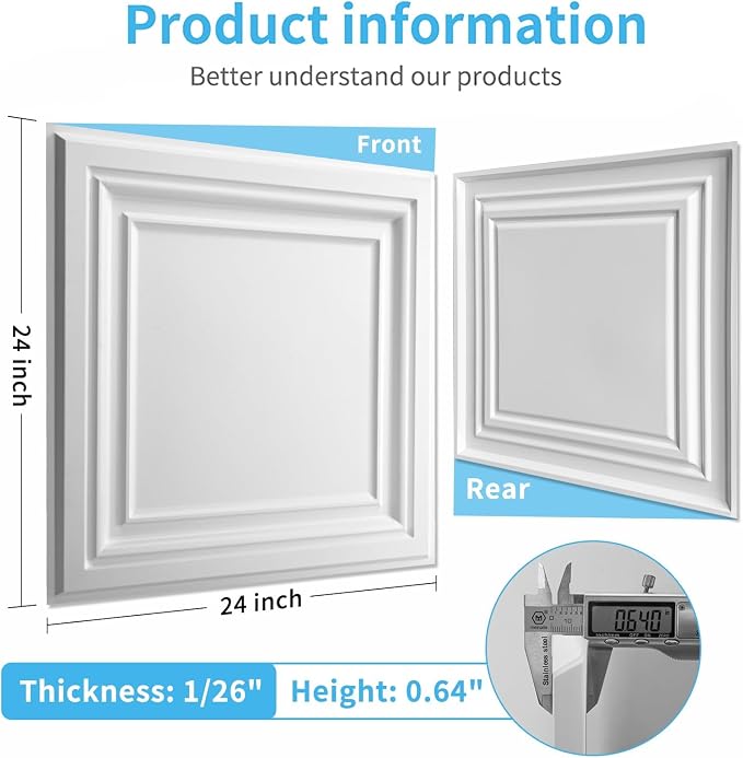 Art3d PVC Ceiling Tiles, 3D Plastic Sheet in White, 2 x 2 ft, 24-Pack | Lightweight, Waterproof, No Sag and Breakage, Compatible with Grid System, Perfect for Basement, Kitchen - Image 4