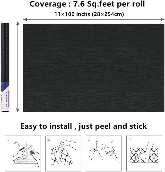 Arthome Peel and Stick Wallpaper - Black Wood Contact - Black Wallpaper - Self-Adhesive & Removable Wall Paper for Countertop Furniture Kitchen, Countertop Contact Paper, Easy to Clean, (11"x100") - Image 6