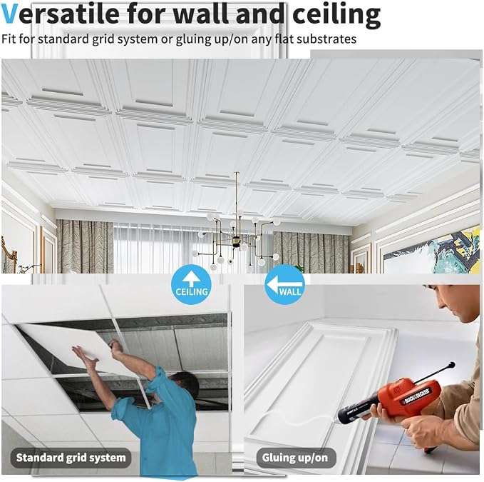 Art3d PVC Ceiling Tiles, 3D Plastic Sheet in White, 2 × 4 ft, 12-Pack | Lightweight, Waterproof, No Sag and Breakage, Compatible with Grid System, Perfect for Basement, Kitchen - Image 6