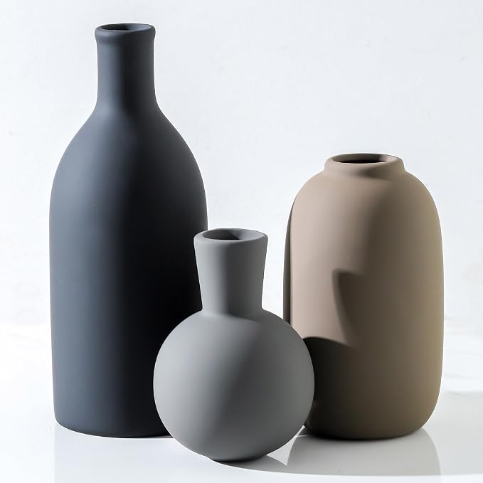 Ceramic Vase Set of 3, Rustic Farmhouse Vases Home Decor Pottery Pampas Vase Decoration Modern Neutral Flowers Vases for Room Decor, Entryway, Living Room, Table, Kitchen, Bedroom - Multicolor - Image 9