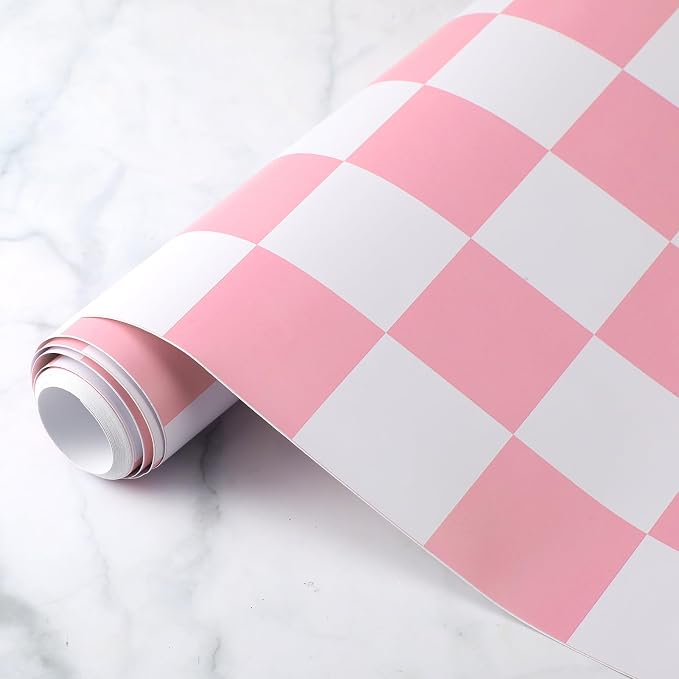 Drydiet Light Pink Checkered Peel and Stick Wallpaper 15.75'' x 118" | Plaid Funky Checkered Contact Paper, Waterproof Contact Wallpaper, Vintage Gingham Decor for Room Bathroom Cabinet, Trendy - Image 2