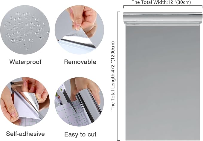 CHIHUT 12”x472” Adhesive Mirror Stickers for Walls Reflective Flexible Fake Mirror Sheets Peel and Stick Mirror Wallpaper Non-Glass Wall Stickers for Bedroom Door DIY Craft Dresser Cabinets - Image 9