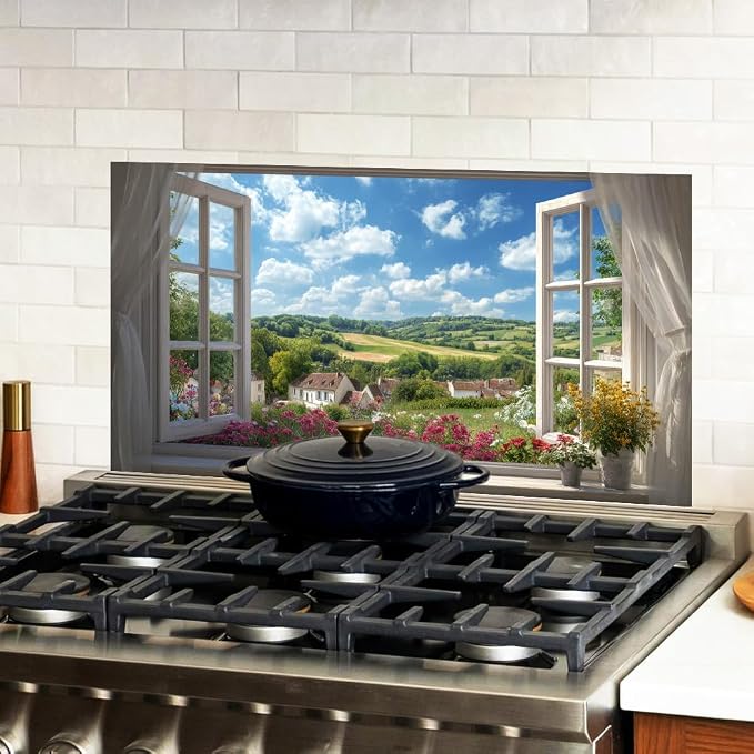 Countryside Village Kitchen Backsplash Peel and Stick, 30x16 in | French window view of flower meadow, rolling hills and village; flat 2D waterproof peel and stick; wipe clean; 30x16 in - Image 2