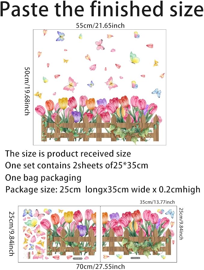 2 Pieces Tulips Wall Decals Vinyl Flowers Wall Stickers Removable Floral Art Murals Peel and Stick Colorful Tulips Fence Butterfly Decor for Girls Bedroom Living Room Nursery - Image 2