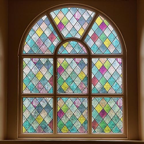 Stained Glass Window Film, Window Privacy Films, Colorful Lattice Window Tint, Rainbow Glass Decals Stickers for Home Anti UV 29.5x78.7 inches by FEOMOSDIRECT