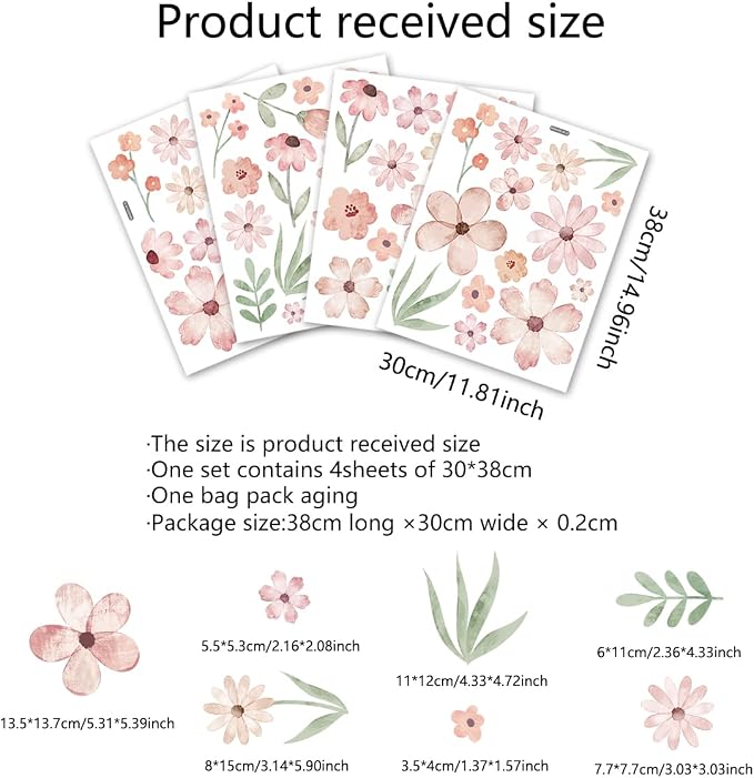 Boho Flower Wall Decals，Pink Watercolor Flower Art，Wildflower Wall Decals，Girls Bedroom Removable Sticker，Nursery Kids Room Decor Vinyl Murals DIY Cute Decorations - Image 2