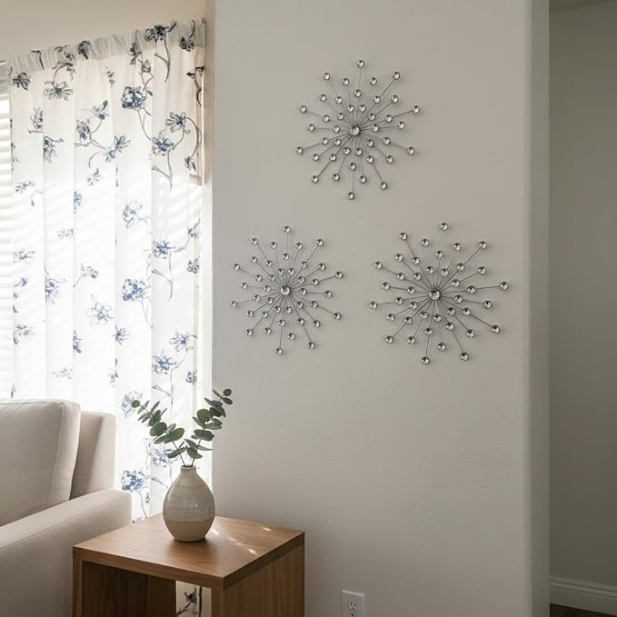 ZEXUIRU 3 Set Silver Starburst Wall Art for Home Decor Metal Bling Crystal Rhinestones Sunburst Wall Decor Sparkling Rhinestone Art Accent Silver - 13in - Image 3