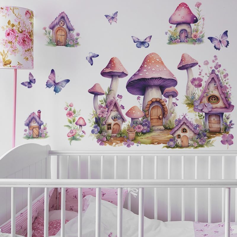 2 Sheets Purple Cartoon Mushroom House Wall Stickers Removable DIY Green Plants and Flower Wall Stickers Viny Purple Butterfly Wall Decal for Girls Home Nursery Bedroom Bathroom Decoration - Image 4