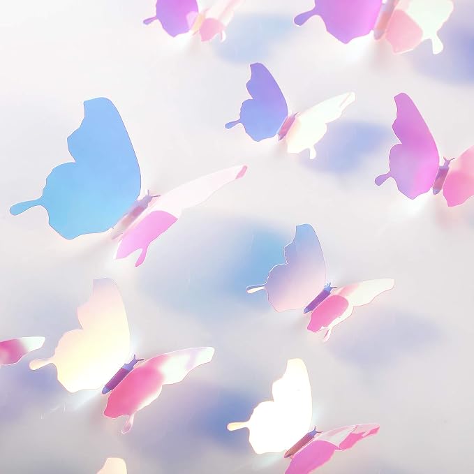BBTO 48 Pcs 3D Butterfly Mirror Wall Decor,Transparency Colorful Pink | Butterfly Stickers,3 Sizes,for Birthday Party Cake,Room Nursery Bathroom Wall Decor,Removable Peel Stick,Reflective - Image 5