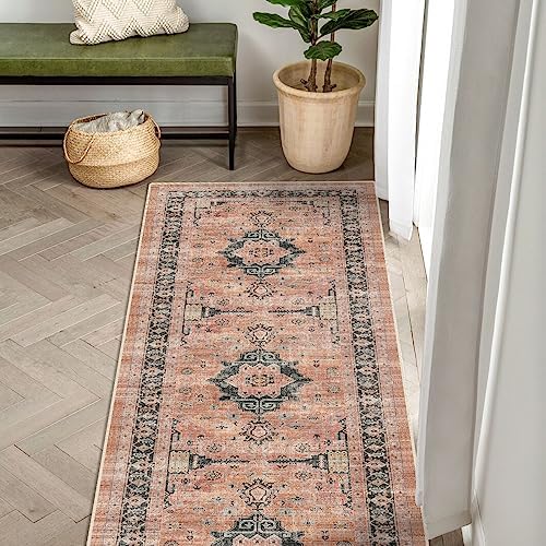 Washable 2x6 Hallway Runner Rug: Vintage Water Resistant Kitchen Entryway Rug Ultra Soft Living Room Bedroom Carpet Thin Non Slip Indoor Floor Mat for Bathroom Laundry (2 X 6,Orange) - Image 2