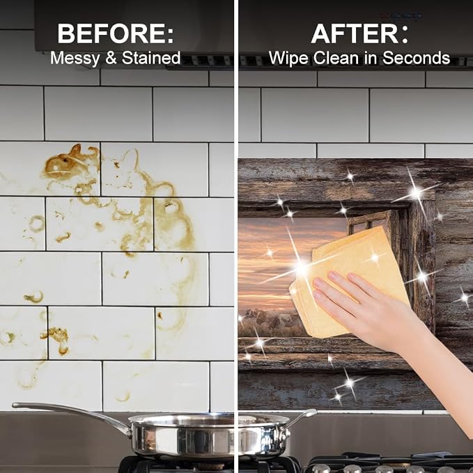 Farmhouse Cow Barn Kitchen Backsplash Peel and Stick, 30x16 in | Rustic wood frame window view of cows and barn at golden sunset; flat 2D waterproof peel and stick; wipe clean; 30x16 in - Image 4