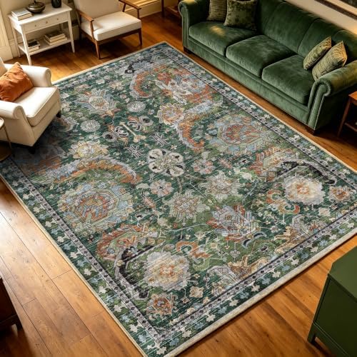RUGSURE Washable Area Rugs - Perfect for Living Room, Bedroom, Kids Room, Nursery - Stain & Water Resistant Non-Slip, Pet & Child Friendly, Vintage Tribal Area Rugs (Green, 8' x 10') - Image 4