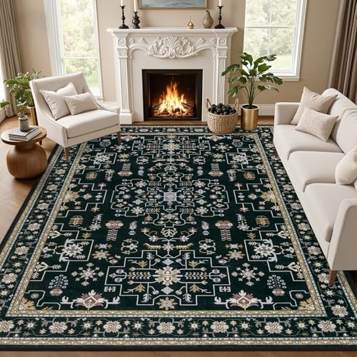 10x12 Area Rugs Living Room: Washable Boho Rug for Bedroom Black by EXPEDIX