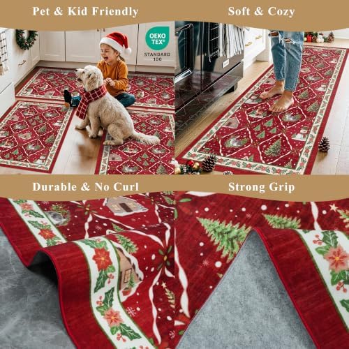 3-Piece Plaid Christmas Decorations Kitchen Rugs Set: Washable Non-Slip Kitchen Mat for Floor Soft Low Pile Modern Runner Rug for Sink Floor Mats ＆Indoor, Hallway, Entryway, (Red/Green) - Image 5