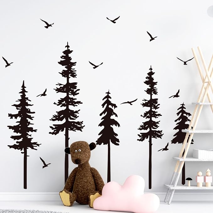 Large Pine Trees Wall Decals Black Forest Wall Stickers Christmas Decoration Wallpaper Woodland Animal Birds Mural Decals Peel and Stick Vinyl Wall Art Stickers for Bedroom - Image 5