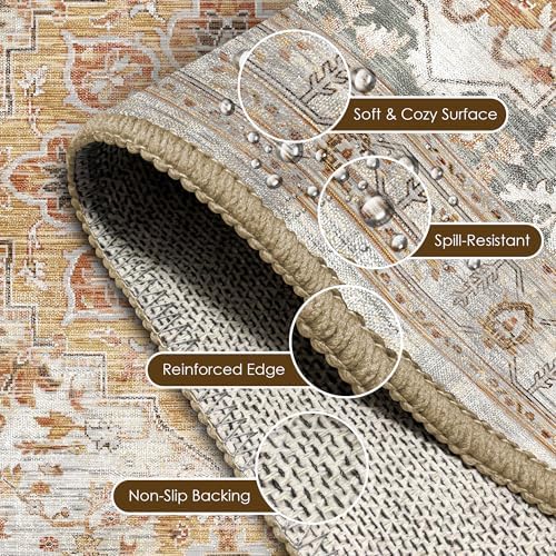 Washable Area Rug 8' x 10' Vintage Traditional Persian Mat - Foldable Distressed Non-Slip Machine Washable Carpet for Living Room Bedroom Kitchen Home Decor - Dove Gray and Coral - Image 6