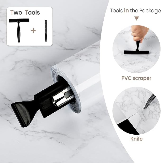White/Grey Marble Contact Paper Marble Wallpaper Peel and Stick with Tools | 23.6" x 118" Self Adhesive Vinyl Film Contact Paper for Countertops - Image 2