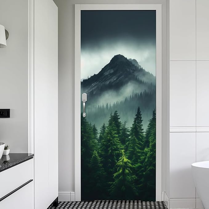 REDAMANCY Smoky Green Pine Tree Mountain Landscape Peel and Stick Door Stickers, Vinyl, Waterproof, Removable, Modern Style, 30.3"x78.7", 2 Pack by Unknown