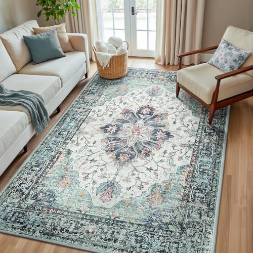 RELEANY Washable Area Rug, 5'x8', Teal Green/White/Navy by RELEANY