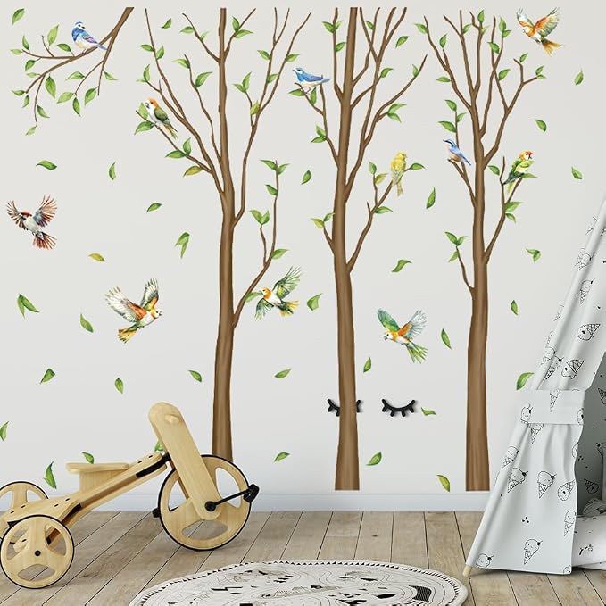 Family Tree Wall Sticker Green Leaf Birds Wall Art Decor Large Tree Branch Wall Decal Peel and Stick Woodland Animals Wall Sticker for Bedroom - Image 4