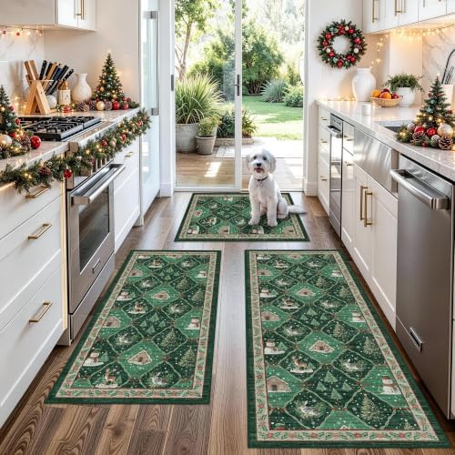 Christmas Decorations Kitchen Rugs Set of 3: Washable Non-Slip Kitchen Mat for Floor Snowman and Gnome Soft Vintage Farmhouse Runner Rug for Sink Floor Mats ＆Indoor, Hallway, Entryway, (Green) by BYYVOORugsforYourHome