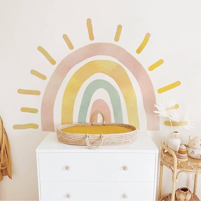 Large Pastel Boho Rainbow Wall Decal for Playroom and Toddler Room | 44.09" x 29.13" Calming Watercolor Texture Fabric Decal, Peel and Stick Rainbow Wall Mural for Kids Room and Classroom by astrkiz