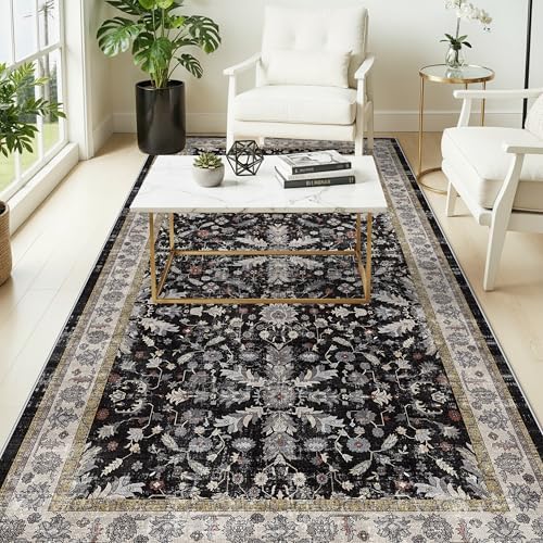 4x8 Rug Washable for Entryway Kitchen – Non-Slip Rubber Backed Area Rug for Hallway Bedroom Living Room Office,Boho Floral Low Pile Thin Floor Indoor Mat (Black,4x8) by BYYVOORugsforYourHome