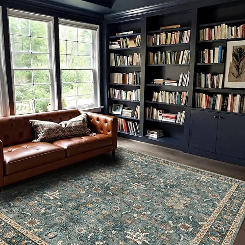 Washable 8x10 Bedroom Rug, Vintage Non-Slip Low Pile Area Rugs Green - Image 4