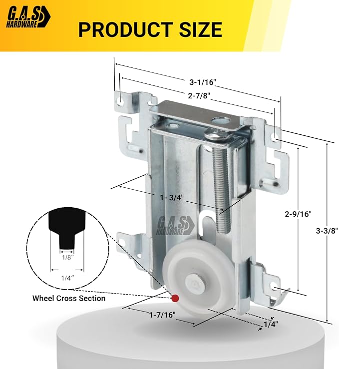 G.A.S. Hardware Steel-Framed Mirror Bottom Closet Door Roller Assembly Convex 1-7/16" Wheels | Roller Replacement for Closet Mirror Wardrobe Doors | Nylon Flat Roller Wheels (1 Pack) - Image 2