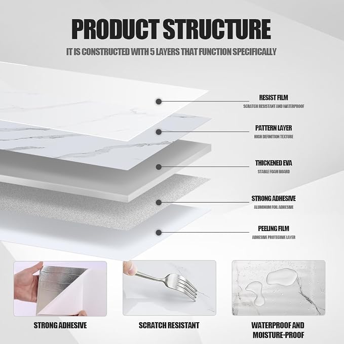 10pcs Thick Marble Peel and Stick Waterproof Wall Panels,Heat-Resistant Backsplash Tile, 23.6"x11.8" PVC Foam Wall Sticker for Kitchen,Living Rooms,TV Walls,White Gray (Not Real Tile 19.4Sq. Ft.) - Image 5