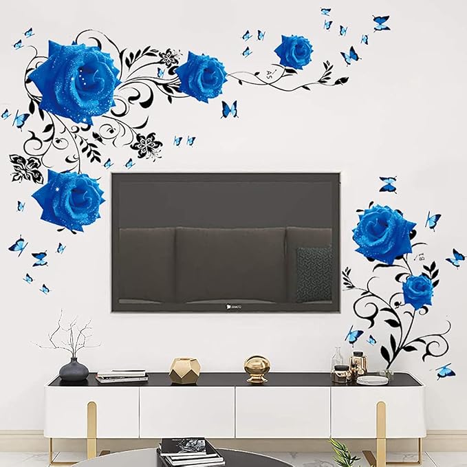 Supzone Blue Rose Wall Stickers Rose Flower Vine Wall Decal Purple Peony Floral Wall Decor DIY Vinyl Mural Art for Bedroom Living Room Sofa Backdrop by Supzone