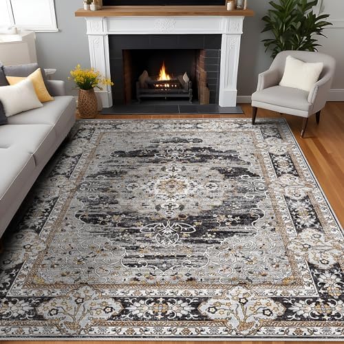 8x10 Washable Area Rug for Living Room - Non-Slip Vintage Rugs Black Gray by Puino