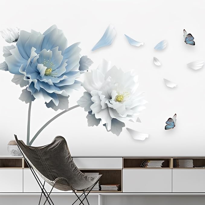 Large Peony Flower Wall Decals Elegant Blue and White Floral Wall Sticker Removable Vinyl Blossom Murals with Flying Butterflies Petals for Living Room Bedroom Sofa TV Background Home Decor - Image 3