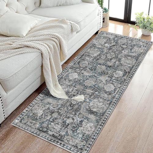 RUGSURE Washable Area Rugs - Perfect for Living Room, Bedroom, Kids Room, Nursery - Stain & Water Resistant Non-Slip, Pet & Child Friendly, Vintage Tribal Area Rugs (Grey and Bule, 2'6'' x 8') - Image 4