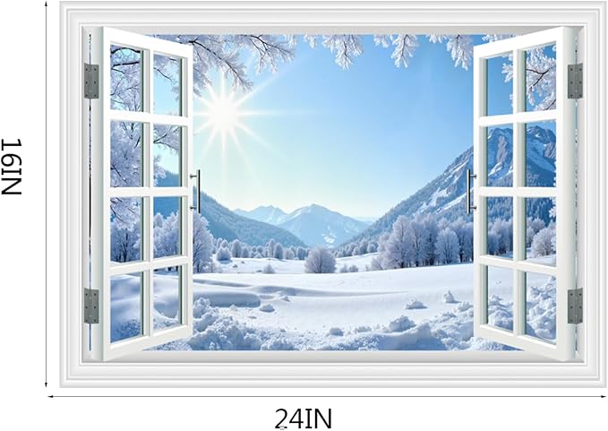 Fake Window Wall Decal- Winter Sunshine Snow Mountains Open Wall Sticker | Faux Window Conifer Forest Snowfield Natural Landscape Mural｜Stick and Peel Wall Decals｜for Home Room Scene Decor｜24"x16" - Image 6