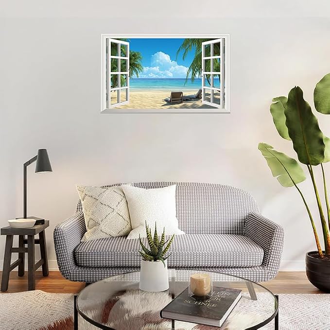 ‌Lmyhome Fake Window Wall Mural Summer Blue Sky White Beach (16"x24") | Peel and Stick Faux Window Wall Sticker Decal Poster for Bedroom Home Decor - Image 4