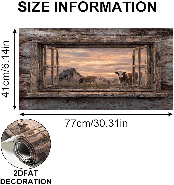 Farmhouse Cow Barn Kitchen Backsplash Peel and Stick, 30x16 in | Rustic wood frame window view of cows and barn at golden sunset; flat 2D waterproof peel and stick; wipe clean; 30x16 in - Image 6