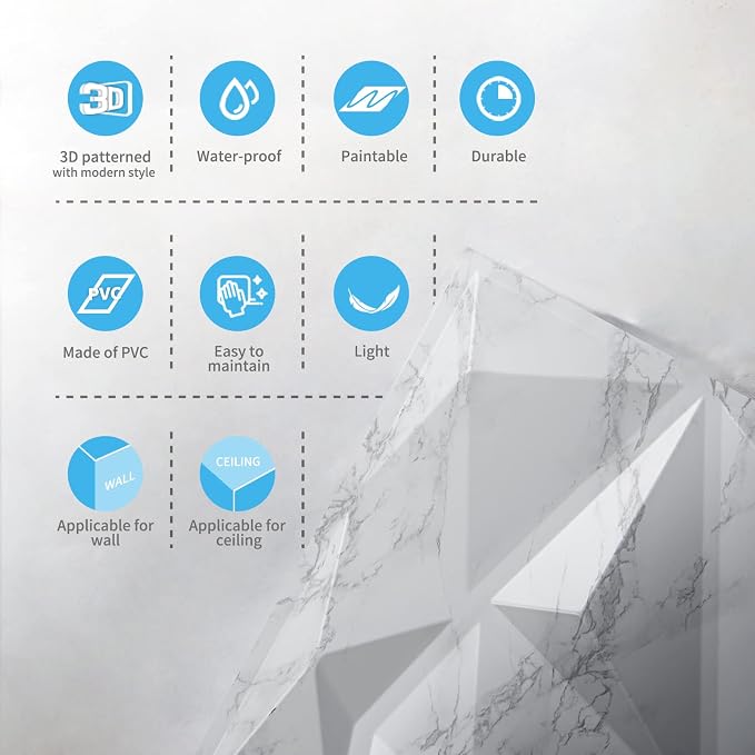 Art3d Textures 3D Wall Panels Glossy White Marble Diamond Design for Interior Wall Decor Pack of 12 Tiles 32 Sq Ft (PVC) - Image 7