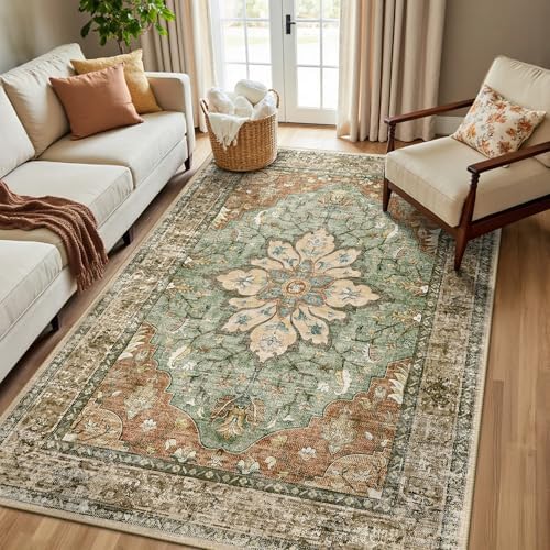 RELEANY Washable Area Rug, 5'x8', Brick/Brown/Green by RELEANY