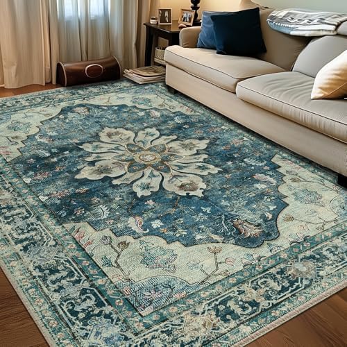 RELEANY Washable Area Rug, 6'x8', Blue/Vintage Dark Blue by RELEANY