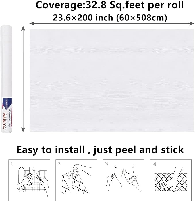 Arthome Peel and Stick Wallpaper - White Wood Contact Paper - White Wallpaper - Self-Adhesive, Removable and Waterproof for Cabinet, Countertop (23.6''x200'') - Image 7