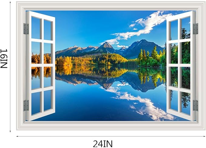 Fake Window Wall Decal- Summer Mountains Lake Forest Open Art Sticker | Faux Window Natural Scenery Landscape Mural ｜ Stick and Peel Wall Decals｜for Room Bedroom Office Scene Picture Decor｜24"x1 - Image 4