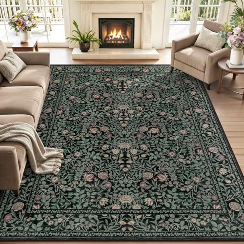 5x7 Area Rug Living Room: Soft Floral Washable Carpet Dark Green by EXPEDIX